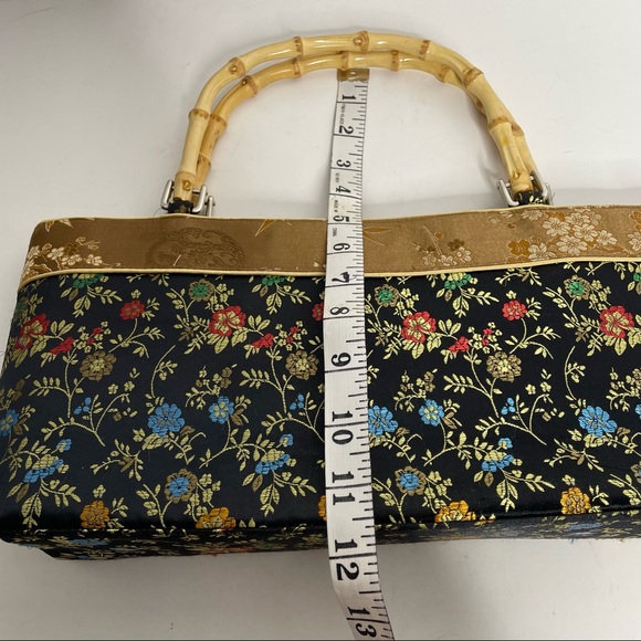 Asian Style Fabric Bag Bamboo Handles Zip Close - Picture 5 of 9